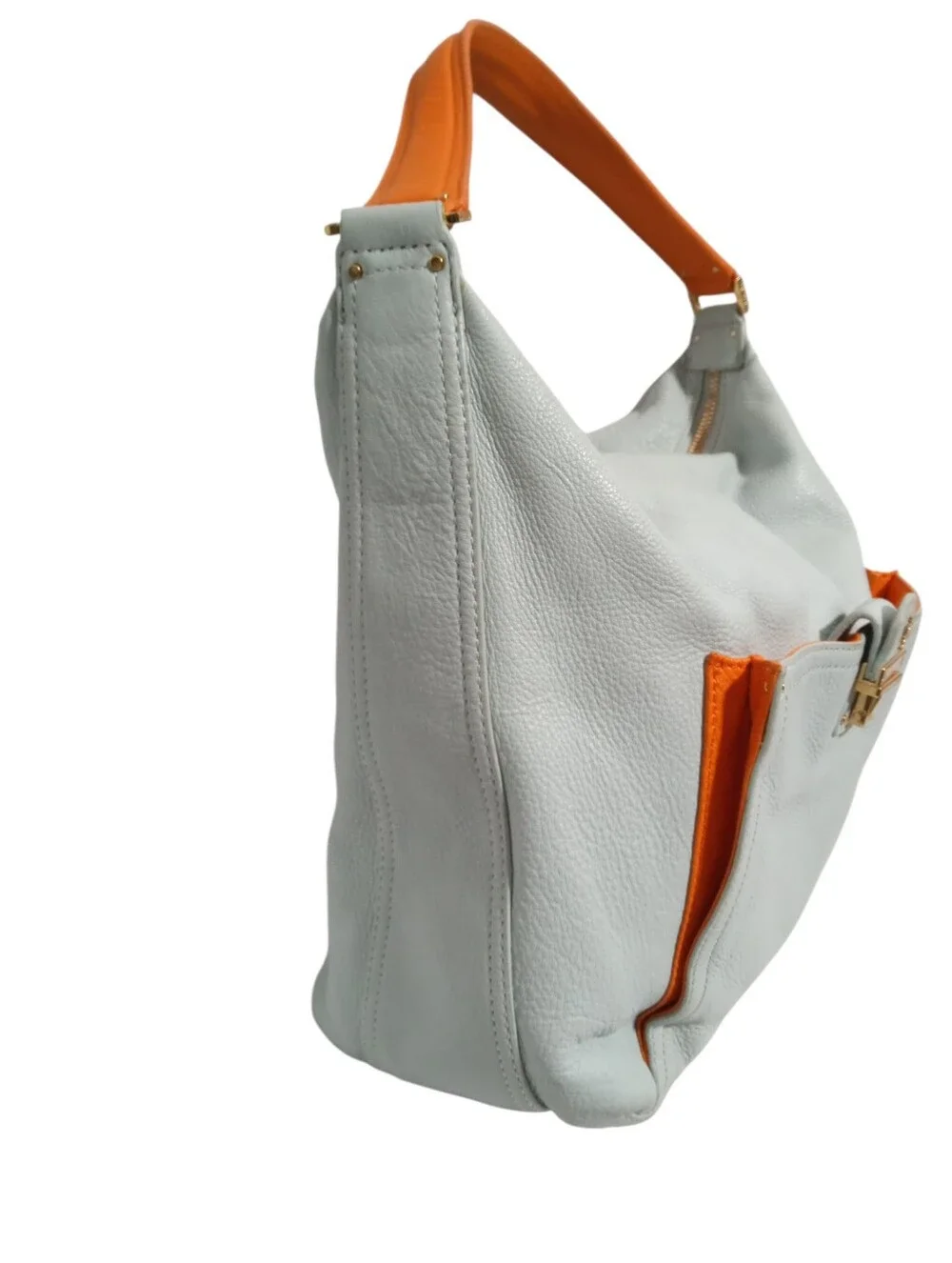 Tory Burch Powder Blue Leather Hobo Bag Orange Trim Logo Lock Shoulder